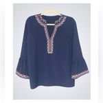 Blue Women’s Embroidered 1/2 Bell Cuff Sleeve Split Neck Boho Top S Photo 1