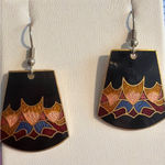 Vintage Cloisonne Dangle Earrings Geometric Gold Tone Hook 1.75" Estate 9.44g Photo 0