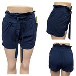 Ambiance Navy High Elastic and Tie Waist Pleated Paper Bag Pocket Shorts Small Blue Photo 1