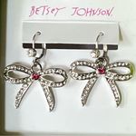 Betsey Johnson  Bow Rhinestones Dangle Earrings Silver Tone Pink Photo 1