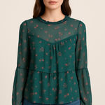 Eyeshadow  Ruffle Long Sleeve Blouse Green Floral Print Blouse Size XS NWT Photo 0