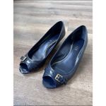 Ralph Lauren Madison Wedge Buckle Slip On Blue Peep Toe Shoes Women's Sz 8.5B Photo 2