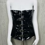 Black leather / latex look buckle front corset with tie back lingerie shirt lg Photo 2