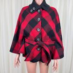 NWOT FUDA Plaid Wool Cape Poncho Shawl Coat Red Black Buffalo Size Large Y2K Photo 0