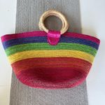 Vintage Pink Rainbow Striped Extra Large Raffia Straw Basket Bag Beach Travel Photo 2