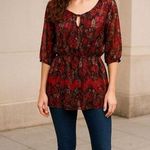 AGB XL Sheer Lace Tunic Red Black Snake Tie Neck Blouse Romantic Abstract Print Photo 0