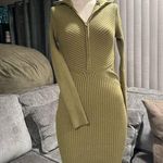 AMTIOUS 🌸 olive ribbed knit collared zipper sweater dress ✨ Green Photo 3