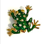 American Vintage FROG BROOCH PIN 1.25" Enameled Gold Green Crystal Rhinestones Photo 3