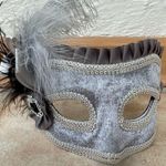 Silver Gray Maya Lulu Beaded Masquerade Woman’s Mask with Side Feather Photo 0