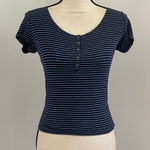 Forever 21  Striped Henley Snap Shirt‎ Small Navy Blue Crew Neck Layering Tee Y2K Photo 0