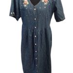 Vintage Cottagecore 80s Soft Denim Dress Pearl Button Front Floral Lace L Blue Size L Photo 0