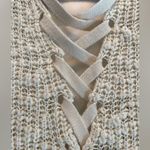 Long Nubby Knit Open Laced Back Cream Cardigan Sweater size Medium Photo 2