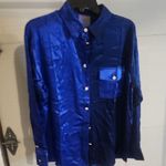 Terez  Electric Blue and Navy Silk Colorblock Button Down Size S $248 Photo 4