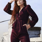 Mac Duggal  2647 Womens Plum Front Twist Puff Sleeve Jumpsuit Pants Photo 0