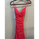 La Femme PROM 30444 In Hot Coral Ruched Draped Neckline Lace Up Strappy Back Photo 5