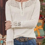 Sundance  White Crochet Lace Henley Top Size M Cotton Cottagecore Photo 0