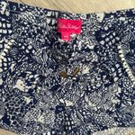 Lilly Pulitzer Pom Pom Trim Shorts Blue White Print #Resort #Preppy #Summer #coastal Stretchy waistband, lightweight and comfy ! #lillypullitzer blue and white print, lightweight shorts, stretchy waistband, preppy style, beach wear, retro vibe, summery, textured fabric, casual fit, vibrant pattern Photo 1