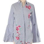 Merona Blue /White Striped Button Front Bouse with Embroidered Pink Rose Details Photo 0