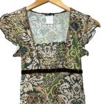 Y2K Anxiety Women's S Babydoll Top Sheer Boho Fairycore Velvet Trim Green Brown Photo 3