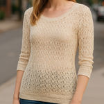 Pink Rose  Cream‎ Crochet Scoop Neck Pullover Sweater Womens Large Feminine Boho Photo 0