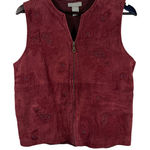 Vtg I.V.Y Burgundy Suede & Ribbed Knit Zip Vest Floral Embroidered Size M Red Size M Photo 0