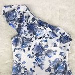 Eliza J Blue Floral Print One Shoulder Sheath Dress Metallic Ruffle Size 6 New Photo 3