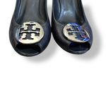 Tory Burch Sally Black Leather Peep Toe Wedge Pumps Logo Gold Medallion Shoe 7 Photo 2