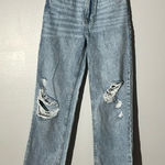 &denim high waist stone washed distressed straight leg loose fit denim jeans 25 Blue Photo 0