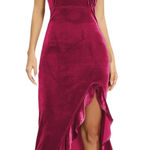 Rose Red Velvet Halter Mermaid Dress Photo 0