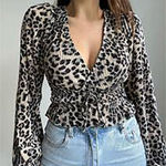 ZARA ✨ Black Cream Leopard Print Faux Wrap Smocked Long Sleeve V Neck Sz M Top✨ Photo 0