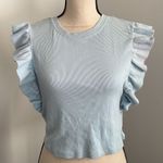 ZARA Pastel Light Blue Ribbed Cropped Ruffle Side Crew Neck Shirt size Medium Photo 2