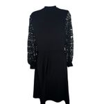 Nina Leonard Women M Black Dress High Neck Long Crochet Lace Sleeves Knee Length Photo 4