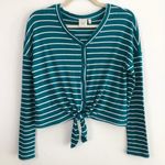 Good Luck Gem New Tie Hem Striped Top Button Down Long Sleeve Thermal Knit Teal Photo 2