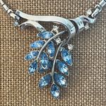 Trifari Vintage Silver Tone and Blue Rhinestone Leaf Bib Choker Necklace Photo 2