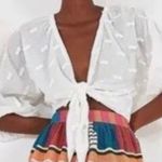 Farm Rio White Gathered Sleeved And Beaded Tassel Tie Front Top Photo 1