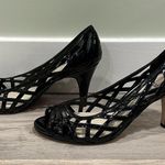 Impo  Black Faux Leather Lattice Caged Peep Toe Pumps Stiletto Heels Size 9.5 Photo 7