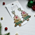 JEWELED ART Hand Painted Tis the Season Christmas Tree Wood Engraved Earrings Red Photo 0