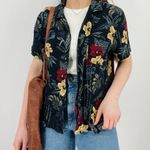 vintage boho palm frond earth tone button down top shortsleeve floral size m/l Tan Size M Photo 1