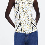 ZARA White Black Lace Inset Blue and Yellow Floral Tank Top Blouse XS Photo 0