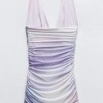 ZARA NWT DRAPED PRINTED TULLE halter deep V-neckline Ruched mini DRESS XL Photo 5