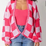 Olivaceous  Checkered Print Open Oversized Cardigan Sweater Pink Medium Photo 0