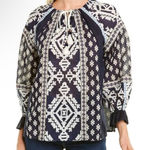 Tory Burch Blue White Candice Printed Cotton Embroidered Tassel Tie Top Size M Photo 0