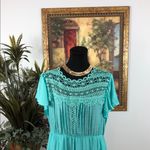 Chic Turquoise Crochet Mini Dress Pleated Short Flutter Sleeve Size XXL Green Photo 1