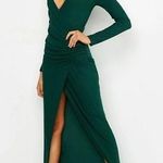 Boohoo Dark Green Long Sleeve High Slit Ruched Side Maxi Dress sz 8 Photo 0