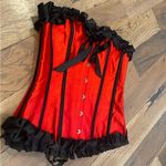 None Ruby Red Steel Bonded Satin Ribbon Overbust Ruffle Waist Trainer Corset … Photo 14
