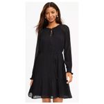 Loft  Pleated Tie Neck Dress Women Medium Black Loose MISSING BELT Long Sleeve Photo 2