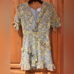 Lost + Wander Blue & Yellow Floral V-Neck Faux Wrap Ruffle Mini Dress Size XS Photo 4