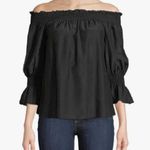 7 For All Mankind Silk Off Shoulder Smocked Top Blouse Silk In Black Photo 4