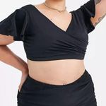 Scoop back black V plunge neck flutter sleeve wrap bikini top Size 14 Photo 0