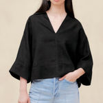 Banana Republic Womens XS Petite Black Cropped 100%Linen Top Quarter Sleeve Boho Photo 0